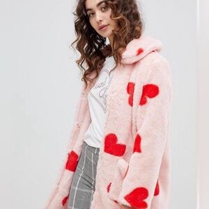 Anthropologie faux fur Pink Teddy Jacket with Red Hearts